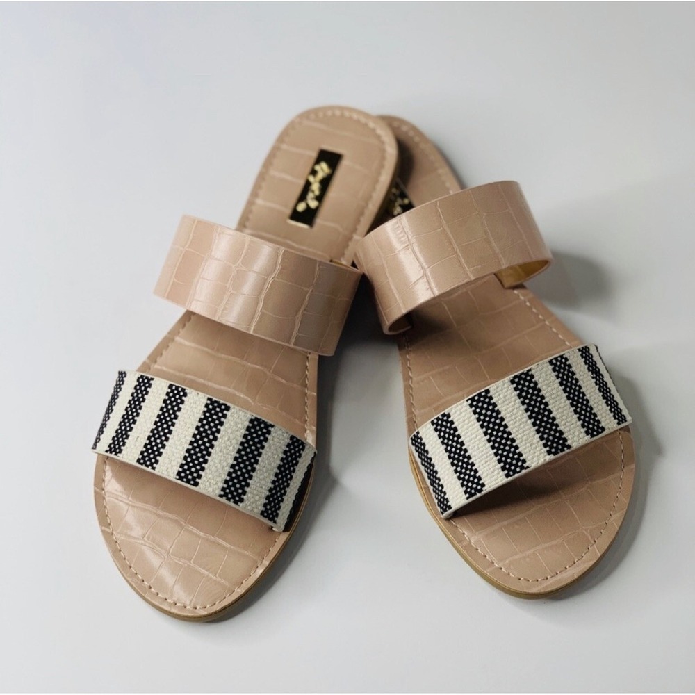 Women Qupid‎ Double Band  Stripped Slip On Black Nude Flat NEW Sandals